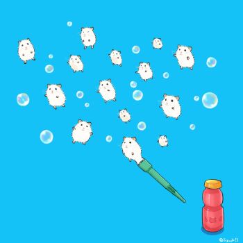 animal animal_focus blue_background bottle bubble bubble_pipe commentary english_commentary hamster original soap_bubbles upiupisyo