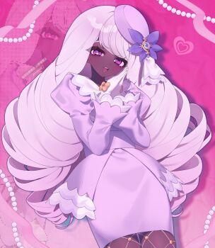 1girl :d cowboy_shot dark-skinned_female dark_skin dress drill_hair fishnet_pantyhose fishnets gloves gradient_hair hand_up hat heart highres jacinthe_(pokemon) kokonoe826 legs_together light_blush long_hair long_sleeves looking_at_viewer medium_dress mega_stone multicolored_hair nintendo open_mouth pantyhose pink_hair pokemon pokemon_legends:_z-a puffy_sleeves purple_dress purple_eyes purple_hat smile solo standing teeth upper_teeth_only very_long_hair white_gloves white_hair zoom_layer
