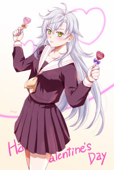 Rule 34 | 1girl, ahoge, bow, candy, closed mouth, commentary request, cowboy shot, curtained hair, eiyuu densetsu, english text, fie claussell, floating hair, food, green eyes, holding, holding candy, holding food, holding lollipop, kuro no kiseki (series), kuro no kiseki i, lollipop, long hair, long sleeves, looking at viewer, parted bangs, purple bow, sailor collar, school uniform, simple background, skirt, smile, solo, upper body, valentine, white background, white hair, xiacheng tatsuya, yellow bow