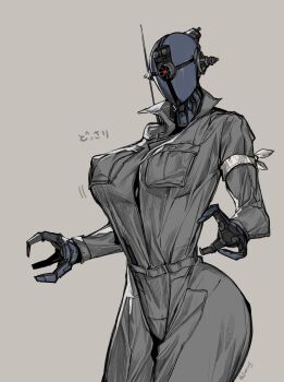 1girl assaultron breasts covered_erect_nipples cowboy_shot cyclops fallout fewer_digits grey_background grey_jumpsuit highres humanoid_robot juerucj jumpsuit large_breasts long_sleeves one-eyed red_eyes robot robot_ears simple_background solo twitter_username