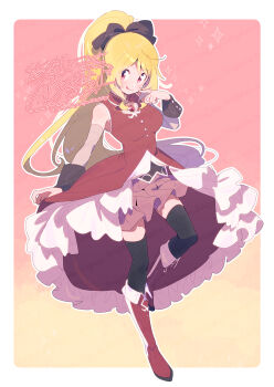 Rule 34 | 1girl, :p, arm at side, bare shoulders, black ribbon, black thighhighs, black wrist cuffs, blonde hair, boots, border, breasts, buttons, clothing cutout, commentary request, cosplay, detached sleeves, dot nose, eyes visible through hair, finger to own chin, frills, front slit, full body, gem, gradient background, grey skirt, grey sleeves, grin, hair ribbon, hand up, high collar, high ponytail, highres, index finger raised, knee boots, knee up, large breasts, long hair, looking at viewer, magia record: mahou shoujo madoka magica gaiden, magical girl, mahou shoujo madoka magica, mahou shoujo madoka magica (anime), outline, pelvic curtain, pleated skirt, ponytail, red background, red boots, red eyes, red gemstone, revision, ribbon, sakura kyoko, sakura kyoko (cosplay), sakura kyoko (magical girl), serizawa serizane, shiny footwear, shiny skin, sidelocks, sideways glance, silver trim, simple background, single vertical stripe, skirt, sleeveless, smile, solo, soul gem, sparkle background, standing, standing on one leg, striped clothes, striped footwear, swept bangs, thighhighs, togame momoko, tongue, tongue out, twitter username, two-tone background, vertical-striped footwear, white border, white outline, wrist cuffs, yellow background, zettai ryouiki
