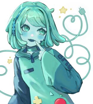 1girl adventure_time blue_skin bmo cable character_name colored_skin electric_plug highres humanization index_finger_raised light_smile medium_hair pointing pointing_at_self pufioli upper_body wide_sleeves