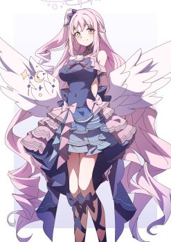 1girl absurdres alternate_costume alternate_hairstyle arms_behind_back blue_archive blush bow breasts closed_mouth commentary covered_navel dress feathered_wings halo highres large_breasts long_hair looking_at_viewer low_wings mika_(blue_archive) pink_bow pink_hair purple_bow purple_dress sleeveless sleeveless_dress smile solo to_(tototo_tk) very_long_hair white_wings wings yellow_eyes