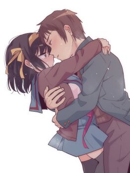 1boy 1girl black_thighhighs blazer blue_sailor_collar blue_skirt brown_cardigan brown_eyes brown_hair brown_pants brown_sweater_vest cardigan commentary_request couple dutch_angle from_side green_jacket hair_ribbon hairband hetero highres hug jacket kita_high_school_uniform kyon long_sleeves looking_at_another medium_hair open_cardigan open_clothes pants parted_lips red_ribbon ribbon sailor_collar school_uniform serafuku short_hair simple_background skirt standing suzumiya_haruhi suzumiya_haruhi_no_yuuutsu sweater_vest taiki_(6240taiki) thighhighs white_background winter_uniform yellow_hairband yellow_ribbon