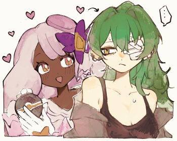 ... 2girls aged_down alternate_costume arrow_(symbol) bandage_over_one_eye bare_shoulders black_gloves black_tank_top breasts bright_pupils chamopichamo cleavage dark-skinned_female dark_skin dress ear_piercing eye_contact fascinator gloves hair_intakes half-closed_eyes hands_up heart holding holding_poke_ball jacinthe_(pokemon) jacket juliet_sleeves lebanne_(pokemon) light_blush light_frown long_hair long_sleeves looking_at_another looking_to_the_side low_drills luxury_ball multiple_girls nintendo off_shoulder open_mouth piercing poke_ball pokemon pokemon_legends:_z-a ponytail portrait puffy_sleeves purple_dress purple_eyes purple_hair smile spoken_ellipsis sweatdrop tank_top very_dark_skin white_gloves white_pupils yuri