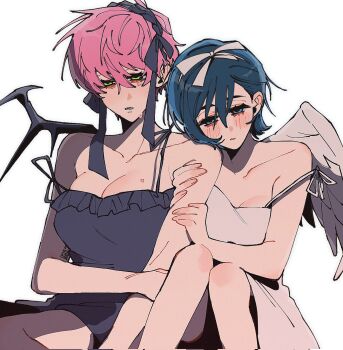 Rule 34 | 2girls, alien stage, arm tattoo, black hair, black hairband, black wings, blue eyes, bow, breasts, cleavage, corrupted twitter file, dress, green eyes, hair bow, hairband, highres, holding another's arm, mizi (alien stage), multiple girls, parted lips, pink hair, seiniku a, short hair, sleeveless, sleeveless dress, strap slip, sua (alien stage), tattoo, very short hair, white bow, white wings, wings