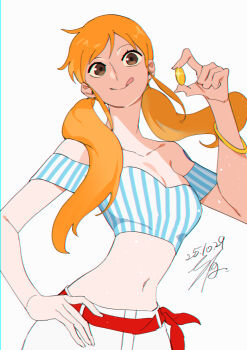1girl :q bangle bare_shoulders bracelet breasts brown_eyes cleavage closed_mouth coin collarbone commentary_request cropped_shirt dated glint gold_coin hand_on_own_hip hand_up highres holding holding_coin jewelry long_hair looking_at_viewer low_twintails medium_breasts midriff nami_(one_piece) navel off-shoulder_shirt off_shoulder official_alternate_costume official_alternate_hairstyle one_piece orange_hair shirt shorts shoulder_tattoo sidelocks signature simple_background smile solo striped_clothes striped_shirt sunohara_(encount) tattoo tongue tongue_out twintails upper_body vertical-striped_clothes vertical-striped_shirt white_background white_shorts