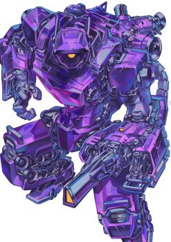 Rule 34 | arm cannon, commentary, decepticon, fighting stance, highres, mecha, mecha focus, nameno92372763, no humans, one-eyed, robot, science fiction, shockwave (transformers), simple background, solo, standing, transformers, weapon, white background, yellow eyes
