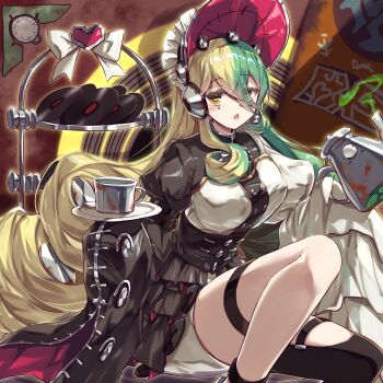 absurdres asymmetrical_legwear black_corset blonde_hair bonnet breasts commentary_request corset cup duel_monster frilled_skirt frilled_sleeves frills green_hair headphones highres holding holding_saucer kanzakietc kewl_tune_rotary long_hair medium_breasts multicolored_hair open_mouth saucer sitting skirt sleeves_past_fingers sleeves_past_wrists teapot tiered_tray two-tone_hair very_long_hair vinyl_record yellow_eyes yu-gi-oh!