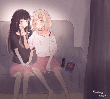 2girls arupaka5tuki black_hair black_shirt blonde_hair blush cheek_pinching closed_eyes closed_mouth commentary_request controller dvd_case english_text grin highres inoue_takina long_hair lycoris_recoil multiple_girls nishikigi_chisato pinching pink_shorts purple_eyes remote_control shirt short_hair short_sleeves shorts smile white_shirt yuri