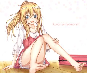 Rule 34 | 1girl, barefoot, blonde hair, blue eyes, character name, collarbone, commentary request, dress, feet, full body, hair between eyes, hand on own leg, instrument case, knees up, lens flare, long hair, long sleeves, miyazono kawori, open mouth, ponytail, red dress, shigatsu wa kimi no uso, shirt, short dress, sidelocks, simple background, sitting, solo, spaghetti strap, tai san ps4, toes, white background, white shirt, wooden floor