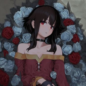 bare_shoulders black_hair breasts choker collarbone dress flower highres kono_subarashii_sekai_ni_shukufuku_wo! lying megumin meguminimalist on_back red_dress red_eyes red_flower red_rose rose small_breasts
