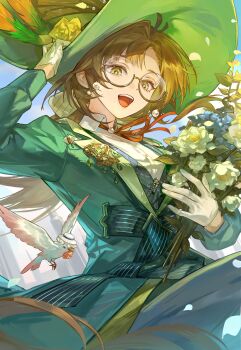 1girl absurdres adjusting_clothes adjusting_headwear animalization artist_request asymmetrical_bangs bird bouquet brown_hair chinese_commentary coat commentary commentary_request commission english_commentary eyewear_strap flower glasses gloves green_coat green_hat hat hat_feather highres holding holding_bouquet isolde_(reverse:1999) kakania_(reverse:1999) lapels looking_at_viewer mixed-language_commentary neck_ribbon notched_lapels open_mouth person_and_animalization red_ribbon reverse:1999 ribbon round_eyewear second-party_source semi-rimless_eyewear teeth under-rim_eyewear upper_teeth_only white_bird white_gloves wide_brim yellow_eyes