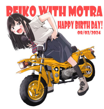 1girl absurdres birthday black_eyes black_skirt black_socks boots character_name commentary dated dress_shirt english_text fang grey_boots happy_birthday highres honda_motra leaning_forward long_hair looking_at_viewer maruyo medium_skirt motor_vehicle motorcycle necktie open_mouth pleated_skirt red_necktie reiko_(super_cub) school_uniform shirt short_sleeves simple_background skin_fang skirt smile socks solo standing straight_hair super_cub text_background white_background white_shirt