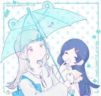 2girls :d aoshirota black_hair blonde_hair blue_bag blue_umbrella camisole closed_eyes collarbone colored_eyelashes commentary earrings facing_another flipped_hair flower gakuen_idolmaster gradient_hair grey_hair hair_ornament hairclip hand_to_own_mouth hand_up highres holding holding_umbrella idolmaster jewelry kuramoto_china laughing long_hair long_sleeves looking_at_animal multicolored_hair multiple_girls open_clothes open_mouth open_robe orange_eyes parallel_hairclips parted_bangs parted_lips polka_dot polka_dot_background red_ribbon ribbon ring robe shinosawa_hiro shirt short_sleeves smile snail stud_earrings symbol-only_commentary transparent transparent_umbrella umbrella watch white_background white_camisole white_robe white_shirt wide_sleeves wristwatch