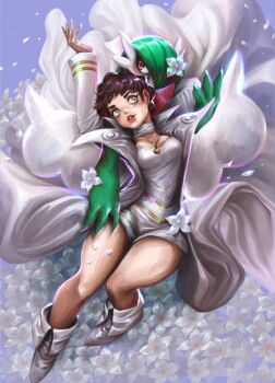 2girls blue_eyes blue_jacket bob_cut brown_hair colored_skin diantha_(pokemon) floral_background flower gardevoir gen_3_pokemon green_hair green_skin hair_over_one_eye highres jacket jewelry multicolored_skin multiple_girls necklace nintendo parted_lips petals pokemon pokemon_(creature) pokemon_xy shirt shoes smile two-tone_skin white_flower white_petals white_shirt white_shoes white_skin yunaxd