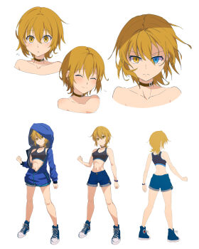 1girl armpit_crease bare_shoulders black_sports_bra blonde_hair blue_eyes blue_jacket blue_shoes blue_shorts breasts brown_collar clenched_hand clenched_hands closed_eyes collar commentary_request converse frown full_body heterochromia highres hood hooded_jacket jacket kiritachi_kuu kuthird346 midriff multiple_expressions narrow_waist navel original partially_unzipped reference_sheet serious shoes short_shorts shorts skinny small_breasts smile sports_bra v-shaped_eyebrows wristband yellow_eyes