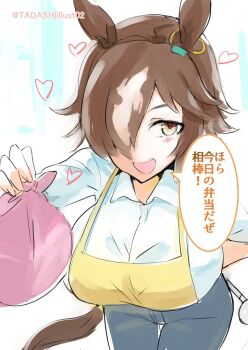 Rule 34 | 1girl, alternate costume, animal ears, blush, breasts, brown eyes, brown hair, casual, ear ornament, hair intakes, hair over one eye, horse ears, horse girl, horse tail, housewife, long sleeves, looking at viewer, lunchbox, multicolored hair, open mouth, shirt, sinzan, smile, tail, umamusume, vodka (umamusume), white hair