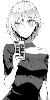 1girl :o bare_shoulders breasts clothing_cutout commentary ear_piercing eri_(haitekudasai_takamine-san) evergreen_eri greyscale hair_ornament hairpin haite_kudasai_takamine-san highres hiiragi_yuuichi holding looking_at_viewer monochrome open_mouth piercing shirt shoulder_cutout smile solo