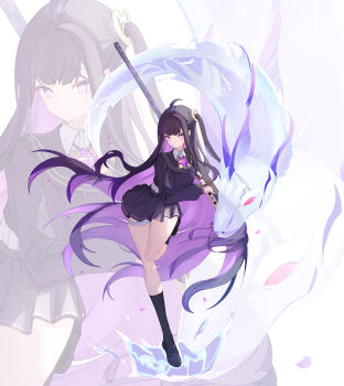 1girl absurdres ahoge bandaged_leg bandages black_hair black_sailor_collar black_shirt black_shoes black_skirt chitose_(stella_sora) colored_inner_hair commentary dragon expressionless full_body highres kneehighs long_hair looking_at_viewer mole mole_under_eye momorin_(choco030309) multicolored_hair one_side_up parted_lips pleated_skirt purple_eyes purple_hair purple_ribbon ribbon sailor_collar school_uniform serafuku sheath shirt shoes skirt socks solo stella_sora unsheathing water white_shirt zoom_layer