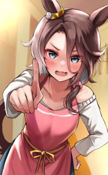 1girl aged_up animal_ears apron bad_source bare_shoulders black_pants blue_eyes blush brown_hair fang hand_on_own_hip hand_up highres horse_ears horse_girl horse_tail index_finger_raised indoors long_sleeves looking_at_viewer low_ponytail medium_hair narita_taishin_(umamusume) off-shoulder_shirt off_shoulder open_mouth outstretched_arm pants pink_apron pointing pointing_at_viewer ponytail ribbon sg_(esujii) shirt skin_fang solo tail umamusume v-shaped_eyebrows white_shirt yellow_ribbon