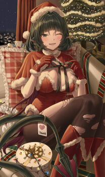 1girl ;p absurdres animal_ears black_hair black_pantyhose boots breasts christmas christmas_tree cleavage commentary_request green_eyes hat highres indoors jane_doe_(zenless_zone_zero) large_breasts long_hair m0_0m_c mouse_ears mouse_girl mouse_tail multicolored_hair one_eye_closed pantyhose partial_commentary red_boots red_hair revision santa_cape santa_costume santa_hat santa_leotard sitting solo tail tongue tongue_out torn_clothes torn_pantyhose two-tone_hair very_long_hair zenless_zone_zero