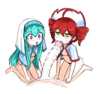 1boy 2girls aqua_hair bar_censor bikini blush censored drill_hair erection feet fellatio ffm_threesome group_sex hat hatsune_miku highres kasane_teto kobenichiii large_penis loli long_hair micro_bikini multiple_girls navel nurse nurse_cap oral penis pink_eyes red_hair simple_background sitting sparkling_eyes stomach swimsuit thighs threesome toes twin_drills utau vocaloid yellow_eyes