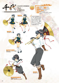 1girl artbook black_hair bowler_hat breasts character_name chiyo_(senran_kagura) cleavage english_text german_clothes green_skirt green_vest hat highres holding holding_instrument holding_trumpet instrument large_breasts lederhosen leg_warmers looking_at_viewer messy_hair non-web_source official_alternate_costume official_art plaid_clothes plaid_skirt plaid_vest purple_eyes sakigei_municipal_academy_school_uniform school_uniform senran_kagura senran_kagura_new_wave shirt short_hair skirt smile solo standing standing_on_one_leg strap_gap suspenders translated trumpet vest white_shirt