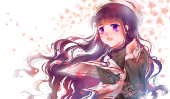 Rule 34 | 1girl, ascot, beret, black shirt, blunt bangs, cardcaptor sakura, cherry blossoms, chinese commentary, colored eyelashes, commentary request, daidouji tomoyo, dated, floating clothes, floating hair, flower, hand in own hair, happy, hat, highres, light blush, light particles, long hair, long sidelocks, long sleeves, muriel miaoke, open mouth, painttool sai (medium), petals, pink flower, purple eyes, purple hair, sailor collar, school uniform, shirt, sidelocks, signature, simple background, smile, solo, tareme, tomoeda elementary school uniform, turtleneck, turtleneck shirt, upper body, very long hair, wavy hair, white ascot, white background, white hat, white sailor collar, wind
