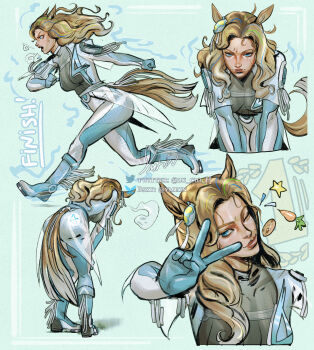 1girl absurdres alena_ymhin ass blonde_hair blue_bodysuit blue_eyes bodysuit breasts fantastic_four gloves highres large_breasts long_hair looking_at_viewer marvel marvel_rivals multicolored_bodysuit smile solo sue_storm superhero_costume two-tone_bodysuit umamusume