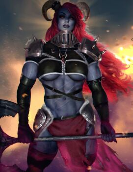 Rule 34 | 1girl, armor, artist name, axe, battle axe, belt, black belt, black boots, black gloves, black shrug, black tube top, blue lips, blue skin, boots, breasts, colored skin, commentary, cowboy shot, crystal necklace, curtains, demon girl, demon horns, elbow gloves, english commentary, facial scar, female orc, fingerless gloves, freckles, fur-trimmed shrug, fur-trimmed tube top, fur trim, gloves, grey horns, hedon bloodrite, highres, hip armor, holding, holding axe, horns, light particles, long hair, looking at viewer, medium breasts, midriff, mole, mole above mouth, multiple scars, muscular, muscular female, navel, neck armor, nose, orc, parted lips, realistic, red eyes, red hair, scar, scar on cheek, scar on face, scar on stomach, shikarii, shoulder armor, shrug (clothing), single fingerless glove, solo, spiked armor, spiked gloves, spiked horns, spikes, strapless, teeth, thigh boots, tube top, underboob, veins, veiny arms, veiny thighs, weapon, zan (hedon)