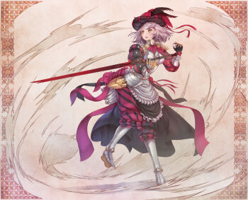 alternate_costume armor armored_dress boobplate breastplate chaperon_hat dress gauntlets genshin_impact green_eyes grey_hair hat_feather highres kiehlhryne kriegsmesser landsknecht noelle_(genshin_impact) puff_and_slash_shorts puff_and_slash_sleeves puffy_sleeves renaissance_clothes sword tassets two-handed_sword weapon zweihander