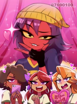 4girls :d beanie biting_own_lip black_eyes black_gloves black_hair black_lips black_shirt blush bow braces brown_eyes brown_hair colored_sclera colored_skin commentary_request covered_mouth curtains dark-skinned_female dark_skin demon_girl ear_piercing earrings eyelashes eyes_visible_through_hair fewer_digits fingerless_gloves freckles frills gloves green_eyes green_trim grin hair_behind_ear hair_bow hair_flaps hair_over_one_eye hand_on_own_chin hand_up hands_up hat heart heart-shaped_pupils hellaverse helluva_boss highres holding holding_phone hoop_earrings interlocked_fingers jewelry light_particles long_hair looking_at_another looking_at_viewer medium_hair menattou millie_(helluva_boss) mole mole_under_eye multiple_girls no_pupils nose_blush one_eye_covered open_mouth orange_hair own_hands_clasped own_hands_together phone piercing purple_bow purple_eyes raised_inner_eyebrows red_hair red_skin scene_reference shirt short_sleeves smile sparkle sweat symbol-shaped_pupils teeth tongue tsurime twitter_username uneven_eyes upper_teeth_only v-shaped_eyebrows white_shirt yellow_hat yellow_sclera yellow_trim