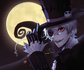 1boy black_crown crown diamond_hairband formal_clothes gloves hat highres jack_skellington jacket long_sleeves looking_at_viewer mai_(tyorotyoro-9) male_focus missing_tooth moon pinstripe_jacket pinstripe_pattern pinstripe_suit pinstripe_vest round_eyewear short_hair skeleton_print skully_j._graves smile solo striped_clothes striped_jacket striped_vest suit sunglasses the_nightmare_before_christmas twisted_wonderland vest white_hair