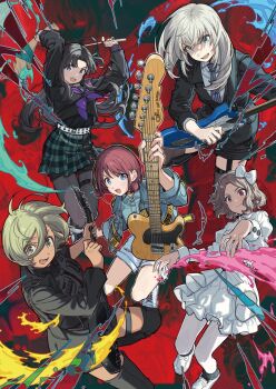 5girls ahoge awa_subaru belt belt_buckle black_boots black_hair black_nails black_pantyhose black_sailor_collar black_shirt black_skirt black_thighhighs blue_eyes blue_jacket blue_shirt boots bow brown_eyes brown_hair buckle collared_shirt dress dress_shirt drumsticks ebizuka_tomo electric_guitar fender_jazzmaster fender_telecaster garter_straps girls_band_cry grey_eyes grey_hair grey_socks guitar hair_between_eyes hair_bow highres holding holding_drumsticks holding_instrument instrument iseri_nina jacket kawaragi_momoka key_visual long_hair long_hair_between_eyes long_sleeves looking_at_viewer medium_hair multiple_girls nail_polish neckerchief necktie official_art open_mouth pantyhose pantyhose_under_shorts plaid_clothes plaid_skirt pleated_skirt promotional_art purple_eyes purple_neckerchief purple_necktie red_eyes red_hair rupa_(girls_band_cry) sailor_collar school_uniform serafuku shadow shirt short_hair shorts shorts_under_skirt skirt socks studded_belt teeth teshima_nari textless_version thigh_boots thigh_strap thighhighs togenashi_togeari translation_request upper_teeth_only white_belt white_bow white_dress white_pantyhose white_shirt white_shorts