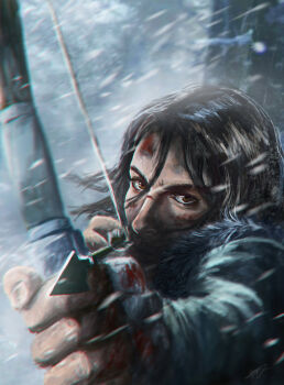 1girl arrow_(projectile) blood bow brown_hair coat epic fur lara_croft long_hair looking_at_viewer snow tomb_raider tomb_raider_(reboot) weapon