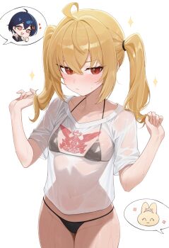 2girls 3girls absurdres ahoge alice_thymefield belle_(zenless_zone_zero) bikini black_bikini blonde_hair blue_hair blush breasts character_request chibi closed_mouth commentary cowboy_shot crossed_bangs dot_nose green_eyes groin hair_between_eyes half-closed_eyes halterneck hands_clasped_in_delight hands_up heart heart-shaped_pupils highres holding holding_own_hair loli long_hair luciana_de_montefio micro_bikini multiple_girls navel no_pants open_mouth rabbit red_eyes see-through_clothes see-through_shirt see-through_sleeves shirt short_hair short_sleeves simple_background small_breasts solo_focus sparkle speech_bubble spoken_animal spoken_character standing swimsuit symbol-shaped_pupils thighs twintails weimiaw wet wet_clothes wet_shirt white_background white_shirt zenless_zone_zero
