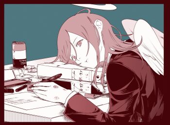 1boy :t androgynous angel angel_devil_(chainsaw_man) angel_wings book book_stack border can chainsaw_man closed_mouth desk drink_can hair_behind_ear halo highres holding holding_pen jacket layered_sleeves long_sleeves male_focus medium_hair paper parted_bangs pen red_eyes red_hair sitting soda_can solo suit_jacket uzura_syouyu wings