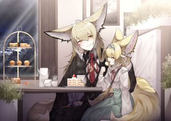 2girls absurdres animal_ear_fluff animal_ears aqua_skirt arknights black_jacket blonde_hair blue_hairband cake closed_eyes commentary_request cup dated_commentary food fork fox_ears fox_girl fox_tail hairband highres holding holding_fork jacket kitsune korean_commentary kyuubi long_hair long_sleeves mother_and_daughter multiple_girls multiple_tails neck_ribbon necktie official_alternate_costume red_necktie red_ribbon ribbon samip shirt sitting skirt smile suzuran_(arknights) suzuran_(spring_praise)_(arknights) tail vulpisfoglia_(arknights) white_shirt
