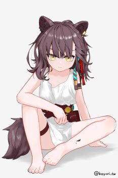 1girl animal_ears arknights bare_shoulders barefoot braid brown_hair commentary dated_commentary dress full_body hair_ribbon highres kamihine light_frown lunacub_(arknights) material_growth medium_hair originium_(arknights) oripathy_lesion_(arknights) pouch ribbon ribbon_braid sash short_dress side_braid sitting sleeveless sleeveless_dress tail thigh_strap white_dress wolf_ears wolf_girl wolf_tail yellow_eyes