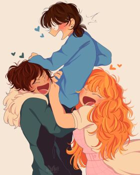 1boy 2girls :d artist_self-insert blue_coat blush brown_hair carrying carrying_person closed_eyes coat constricted_pupils dress earrings feet_out_of_frame from_side fur_collar hand_on_another's_head heart highres hugging_another's_leg jewelry long_hair low_ponytail main_character_(our_life) multicolored_dress multiple_girls nobi33ka open_mouth orange_hair our_life our_life:_now_and_forever pink_dress polyamory ponytail qiu_lin_(our_life) smile stud_earrings sweatdrop tamarack_baumann upper_body very_long_hair wavy_hair white_dress wide-eyed winter_clothes winter_coat