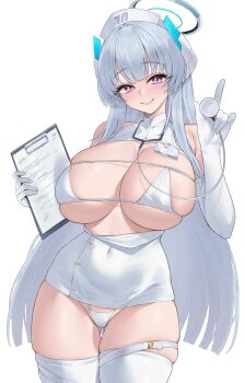 1girl bikini blue_archive blush breasts clipboard closed_mouth commentary dress elbow_gloves gloves grey_hair halo hat highres holding holding_clipboard huge_breasts kuavera long_hair looking_at_viewer mechanical_halo noa_(blue_archive) nurse_cap purple_eyes simple_background skindentation smile solo stethoscope swimsuit symbol-only_commentary thigh_gap thighs underboob very_long_hair white_background white_bikini white_dress