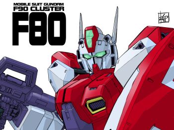 antennae beam_rifle commentary energy_gun english_commentary f80_(mobile_suit) gun gundam gundam_f90 gundam_f90_cluster head_antenna head_senor highres holding holding_gun holding_rifle holding_weapon mecha mobile_suit no_humans official_art rifle robot sensor shield simple_background weapon white_background yanase_takayuki