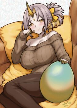 blush bow breasts bright_pupils brown_pants brown_sweater closed_mouth colored_fingertips couch egg feet_out_of_frame fire_emblem fire_emblem_heroes gullveig_(fire_emblem) hair_bow highres horns large_breasts looking_at_viewer lying nintendo off-shoulder_sweater off_shoulder on_couch on_side pants ponytail ribbed_sweater rotomdocs single_horn smile sweater white_pupils yellow_bow yellow_eyes