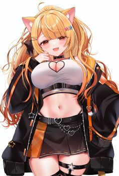 Rule 34 | 1girl, absurdres, ahoge, animal ears, bare shoulders, belt collar, black choker, black coat, blonde hair, blush, breasts, cat ears, chain, choker, cleavage, cleavage cutout, clothing cutout, coat, collar, cowboy shot, crop top, fang, from below, garter straps, hair ornament, hairclip, heart, heart cutout, highres, hololive, ineka ka, kemonomimi mode, large breasts, long hair, long sleeves, looking at viewer, midriff, miniskirt, navel, open clothes, open coat, open mouth, orange eyes, orange hair, oversized clothes, panty straps, ponytail, simple background, single garter strap, skin fang, skirt, smile, solo, thigh gap, thigh strap, thighhighs, virtual youtuber, white background, yozora mel, yozora mel (streetwear), zettai ryouiki