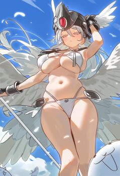 Rule 34 | 1girl, angel wings, bare shoulders, bikini, blue sky, blush, breasts, cleavage, closed eyes, ebora, helmet, highres, large breasts, long hair, navel, nyanko daisensou, polearm, sky, solo, spear, swimsuit, thighs, valkyrie cat, weapon, white hair, wings