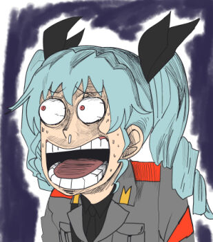 1girl anchovy_(girls_und_panzer) anzio_military_uniform artist_request drill_hair enel_face_(meme) girls_und_panzer hair_ribbon meme one_piece open_mouth parody ribbon shaded_face solo style_parody surprised sweat twintails