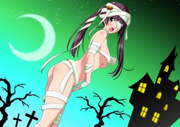 bandages blush body_blush breasts embarrassed feet_out_of_frame hasumi_ren_(clover_rose) koeda0111 long_hair one_eye_covered open_mouth original surprised twintails underboob yotsuba_no_senki_clover_rose