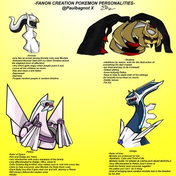 4others animal_focus arceus character_name claws clenched_hands closed_eyes dialga disgust dragon english_text fangs gen_4_pokemon giratina giratina_(origin) highres horns legendary_pokemon multiple_others mythical_pokemon nintendo no_humans open_mouth palkia paulbagnot pokemon pokemon_(creature) red_eyes simple_background smile spikes twitter_username wings yellow_background