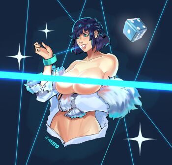 1girl blue_eyes blue_hair bracelet censored_nipples dark_background dice earrings el_cuervo fur_trim genshin_impact highres jewelry short_hair string topless_female watermark yelan_(genshin_impact)